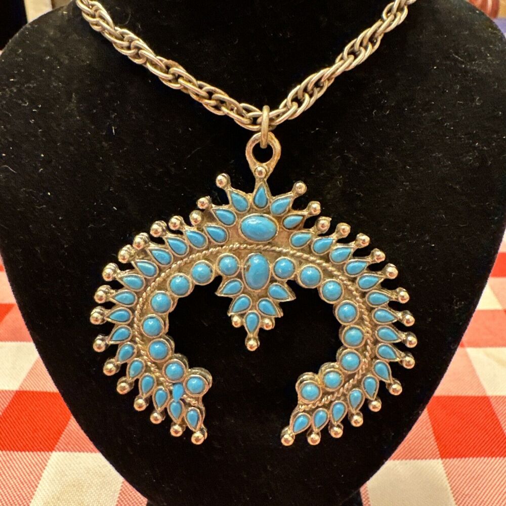 Faux Squash Blossom Necklace Faux Turquoise Silver Tone Southwestern Costume